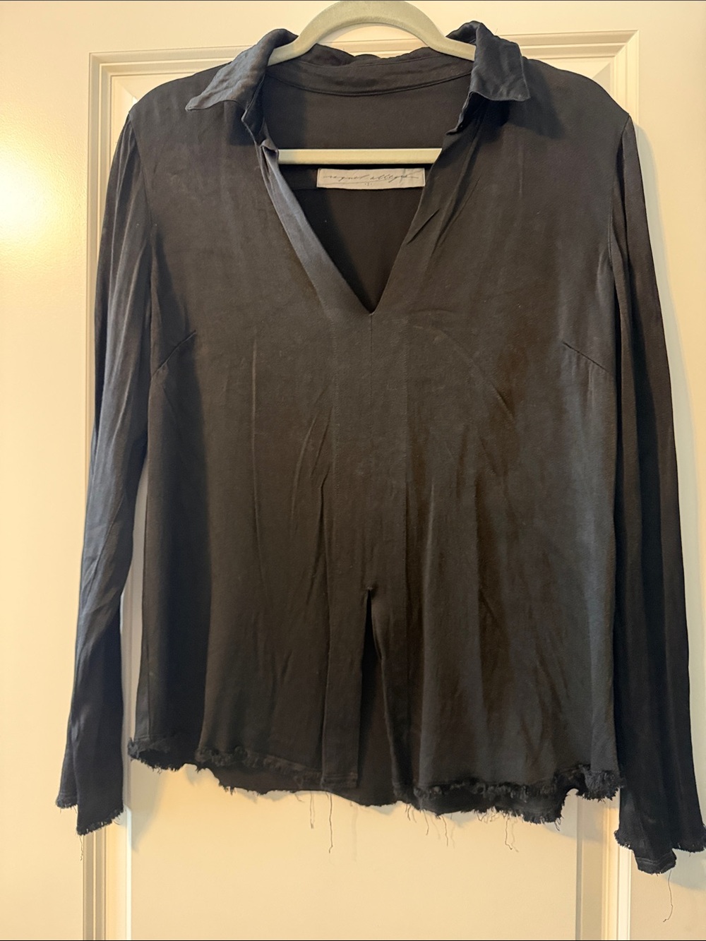 Raquel Allegra Black Long-Sleeve Collared V-Neck Button Down Top
